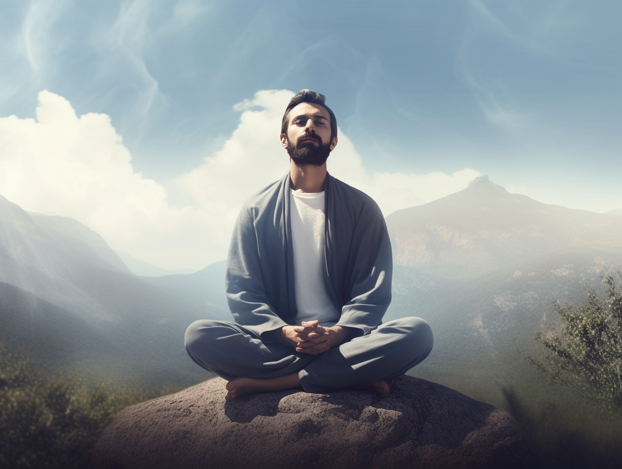 A man is meditating frequently on top of a mountain.