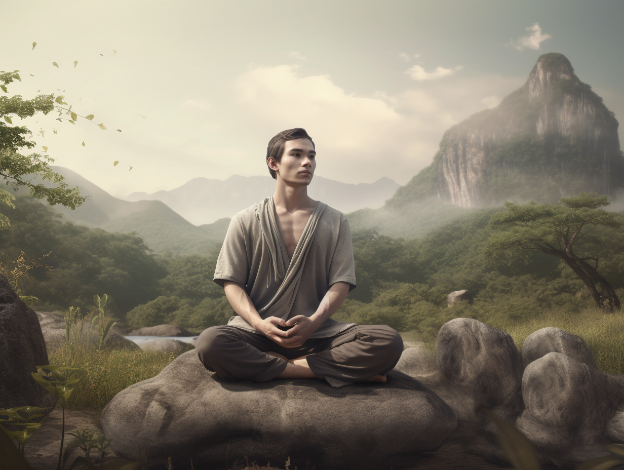 A man is meditating in the mountains, pondering how often one should meditate.