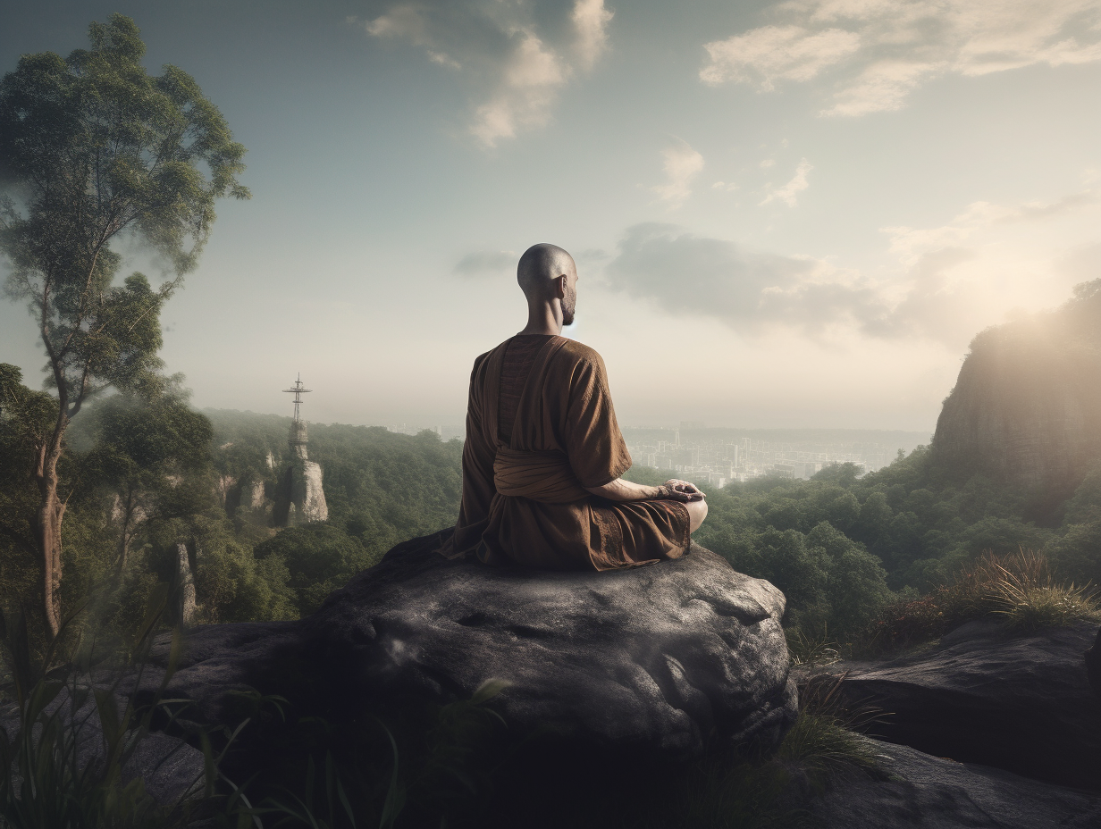 A monk practicing Christian meditation on a rock.