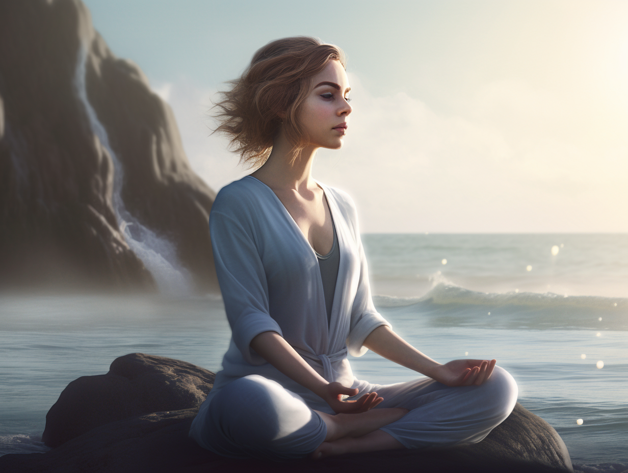 A woman practices meditating with her eyes open on rocks near the ocean.