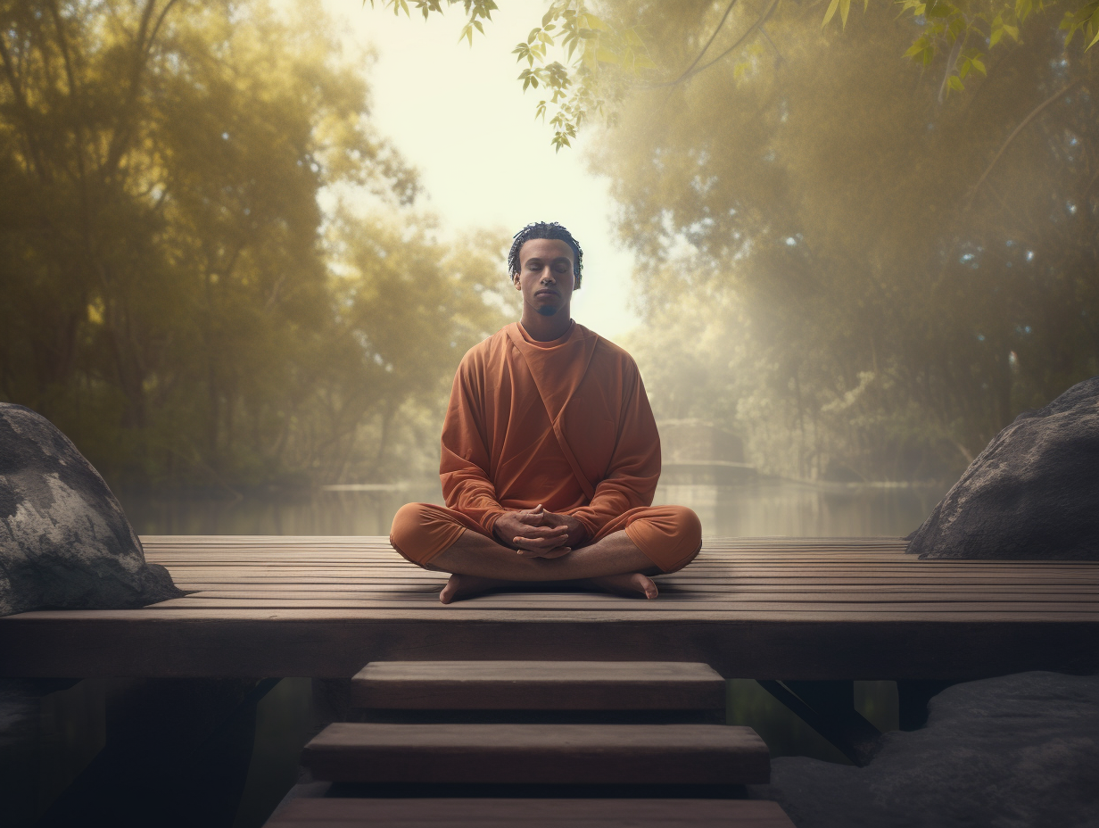 A man in an orange robe is meditating on a wooden bridge using Christian meditation techniques.