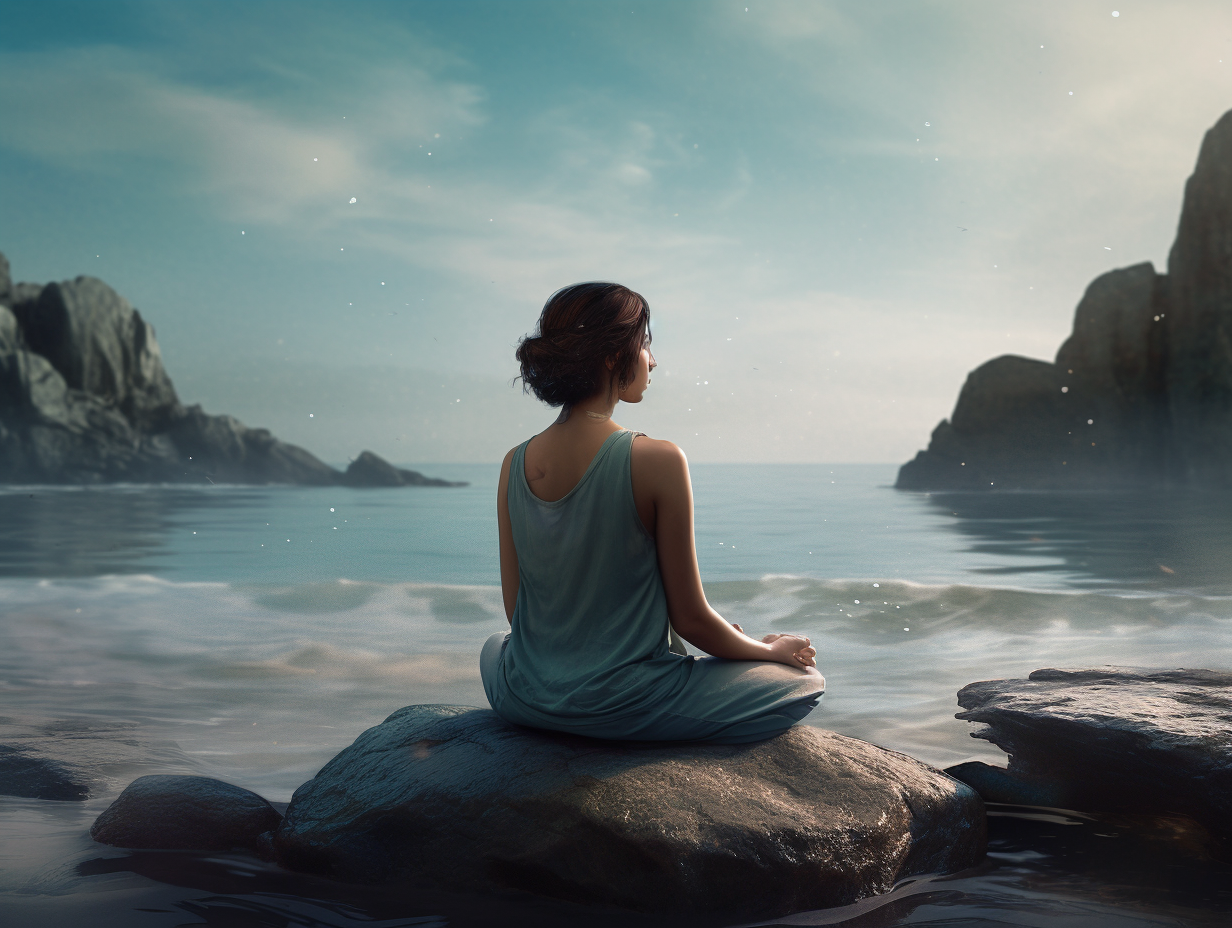 A woman engages in daily prayer and meditation on rocks near the ocean.