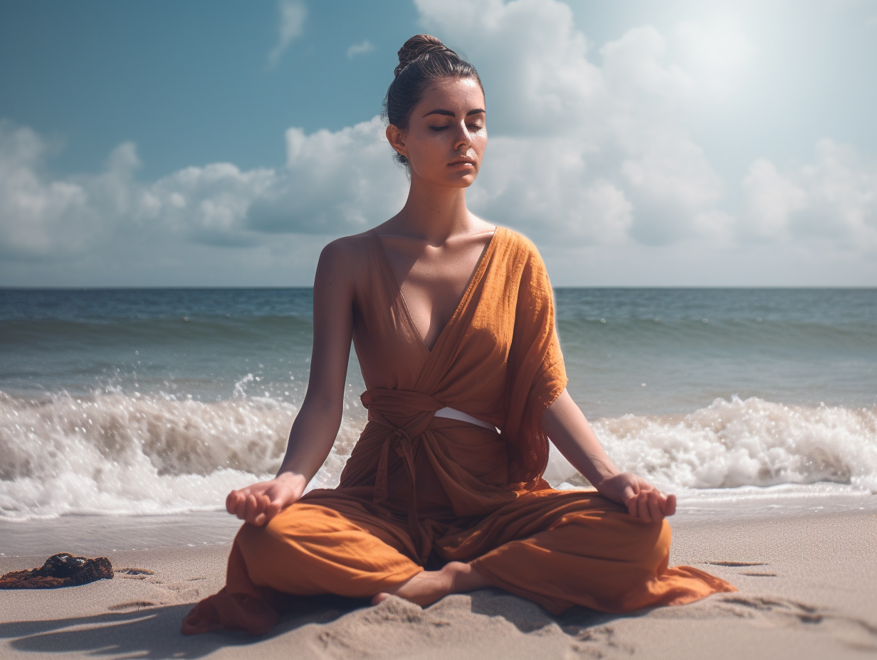 A woman engaging in daily meditation on the beach.