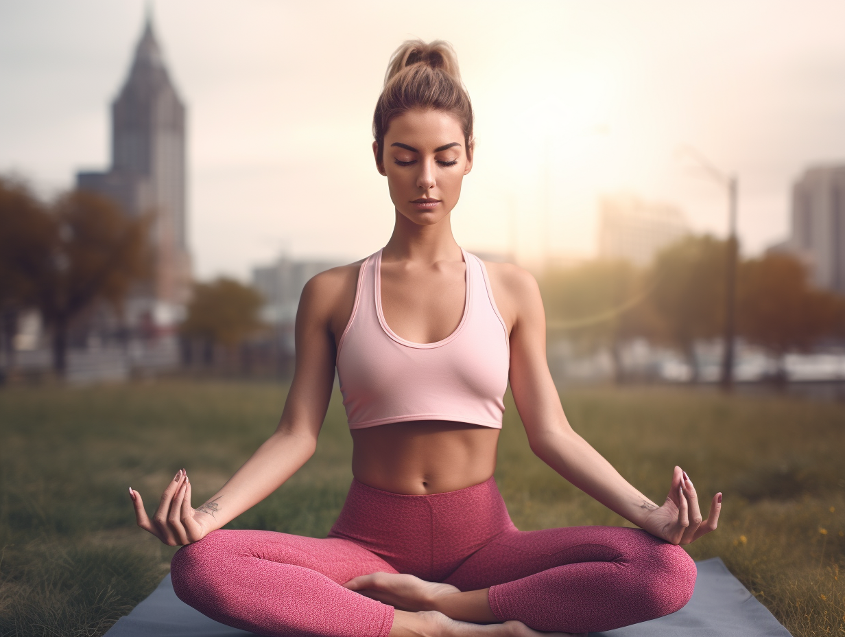 A woman meditates in a serene park.