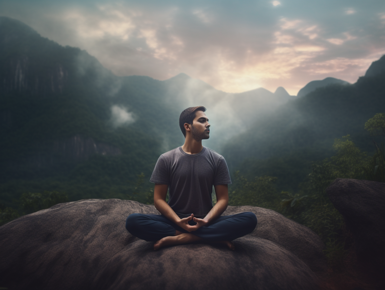 A man is meditating on a rock, seeking understanding of spirituality in the light of the Bible.