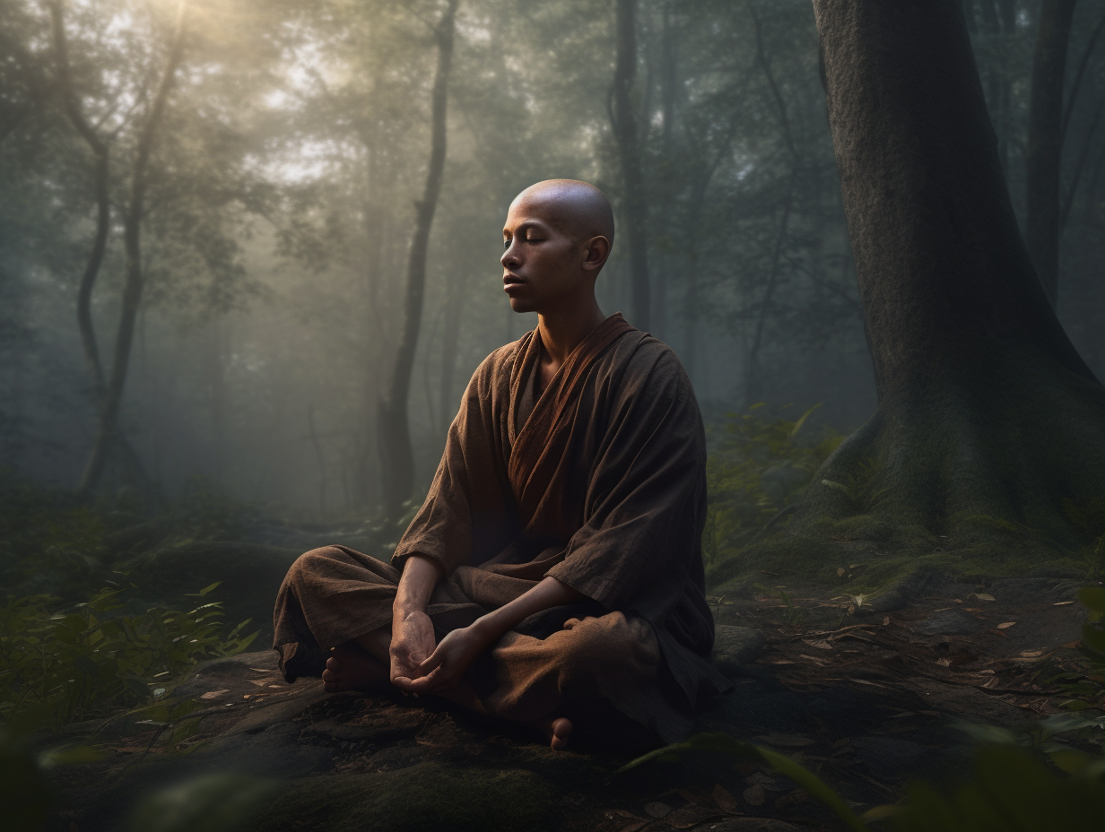 A Buddhist monk experienced in meditation, sitting peacefully in the forest.