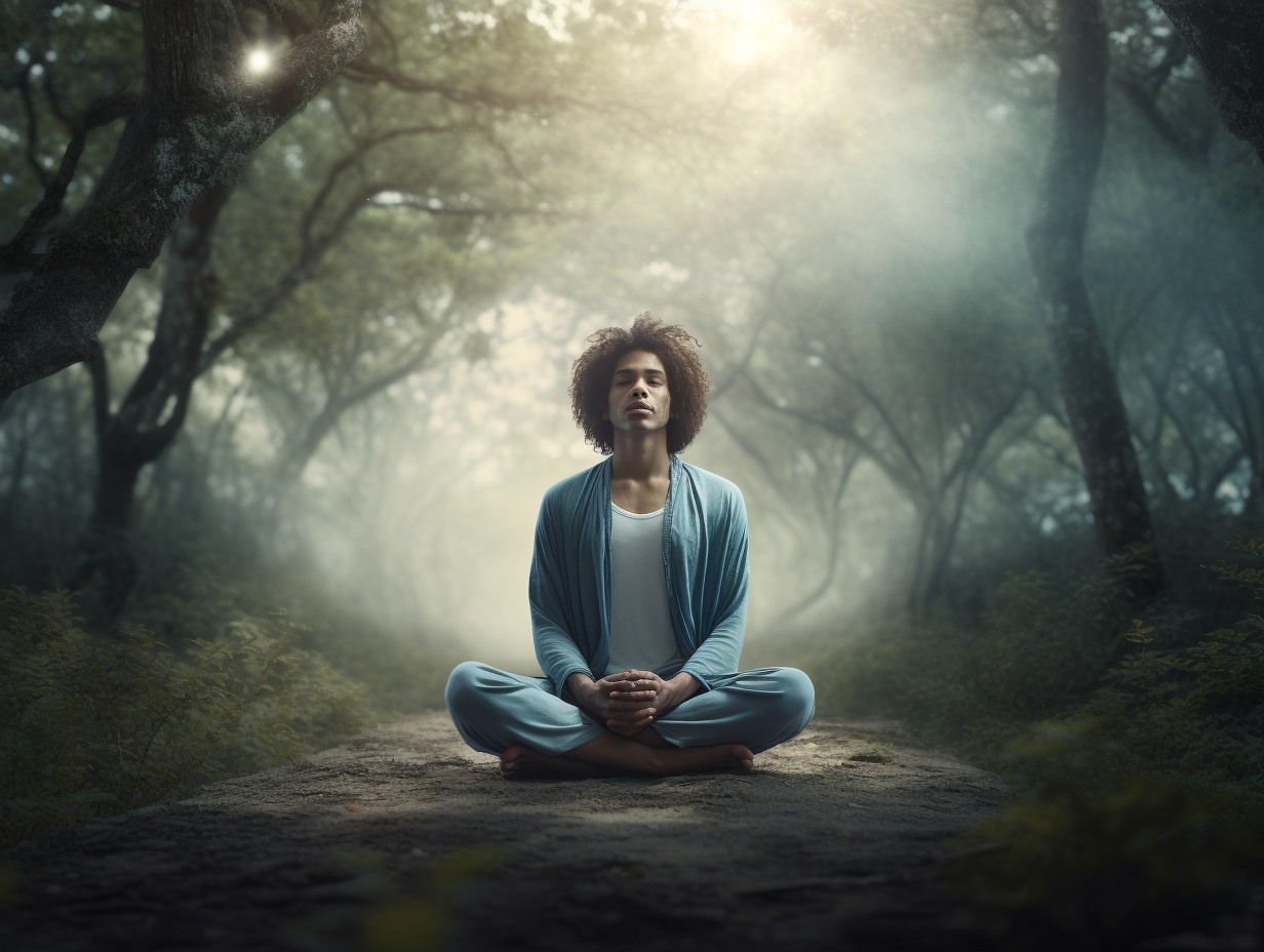 A man practicing Christian meditation in a serene forest setting.