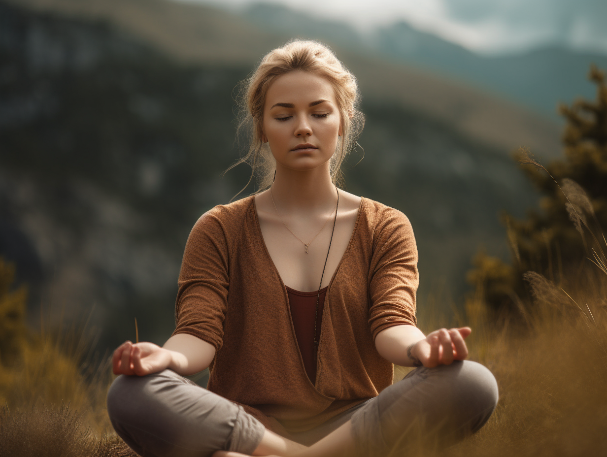 A woman peacefully meditating surrounded by serene mountains.