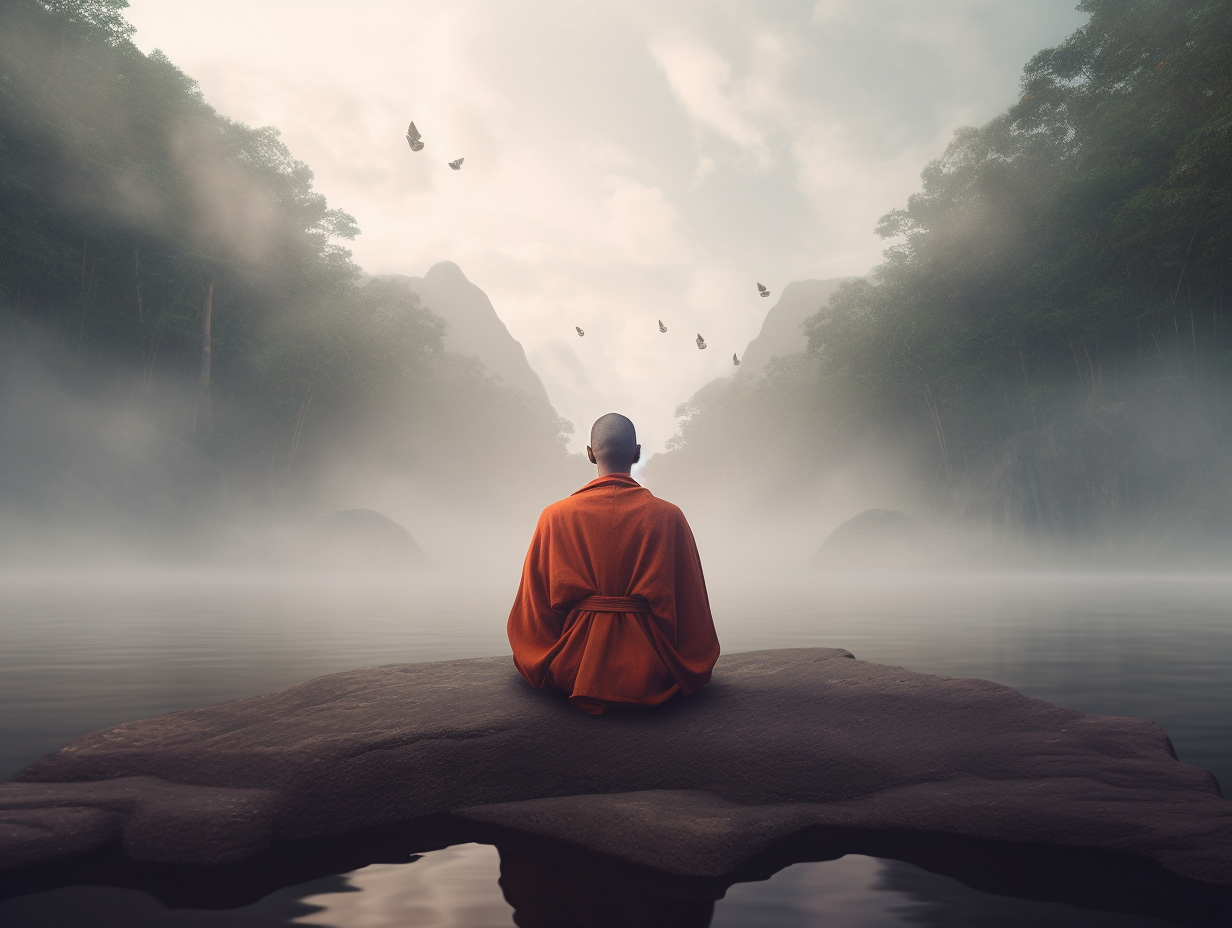 A Buddhist monk meditating on a rock in the water, contemplating spirituality.