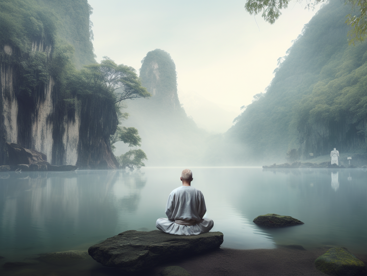 A man practices Christian meditation while sitting on a rock in the middle of a lake.