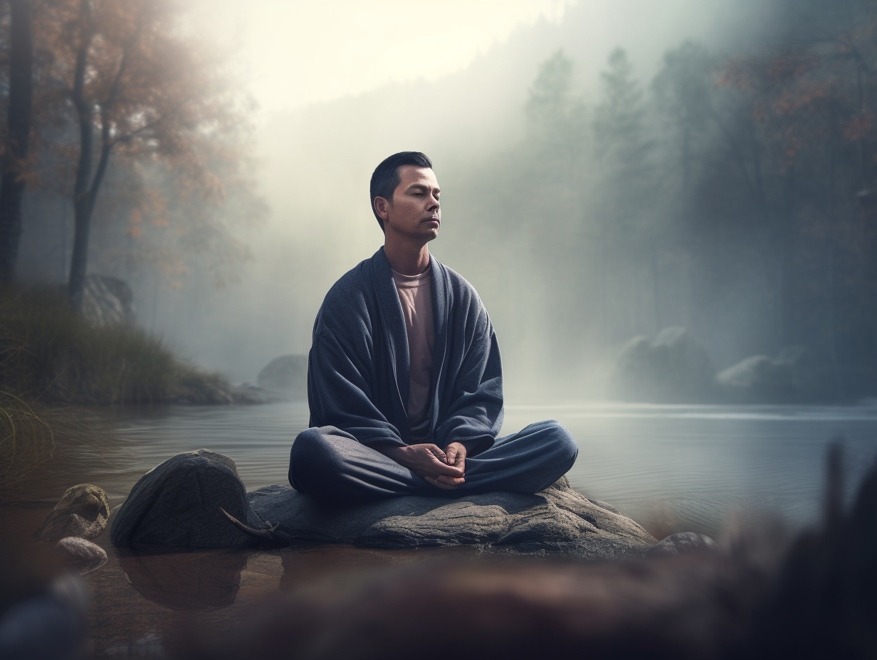 A man regularly meditates on a rock in a river.