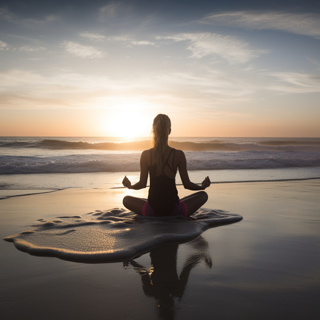 A woman is meditating on the beach at sunset.