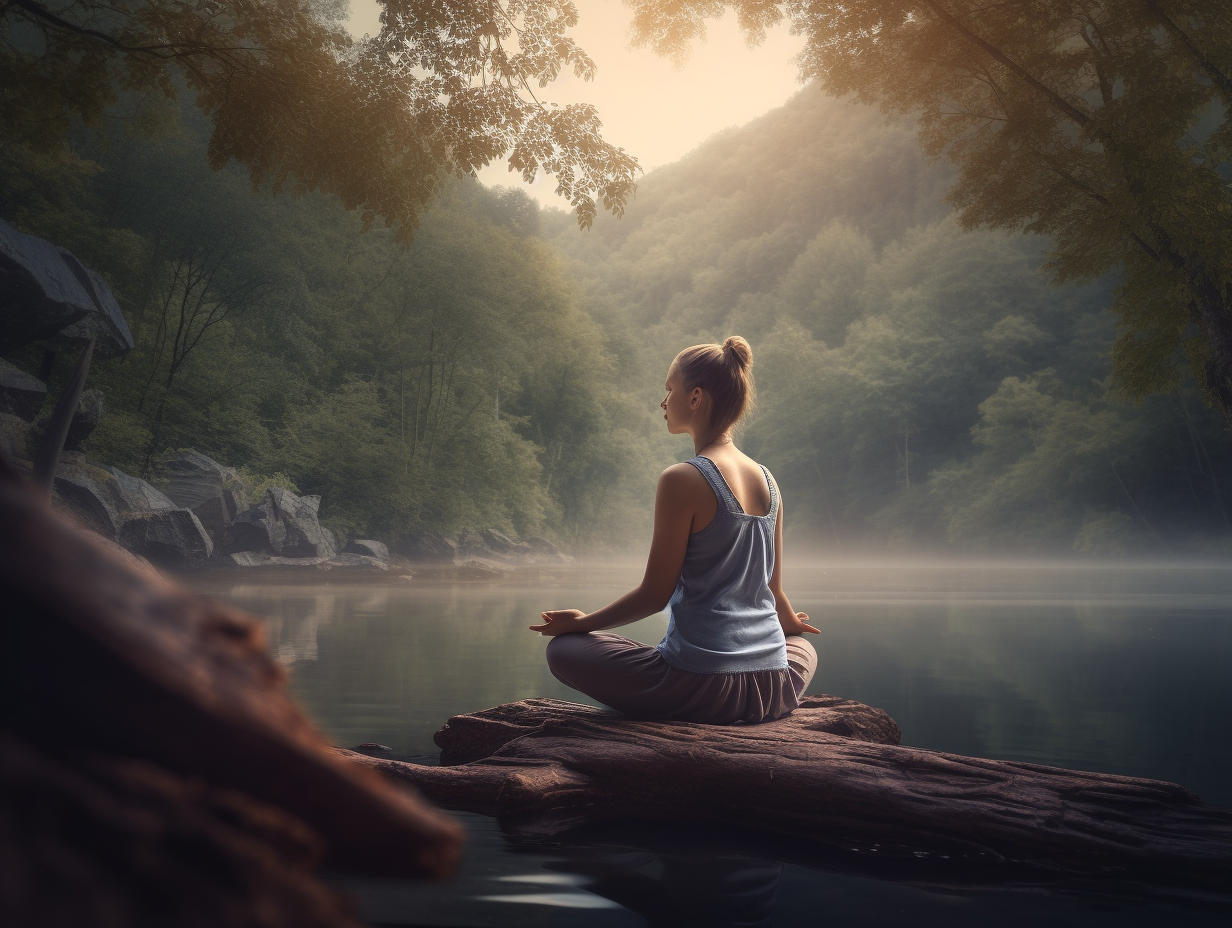 A woman is meditating on God's word on a log in a river.