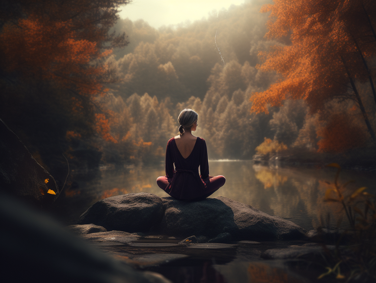 A woman is practicing yoga on a rock in the middle of a lake.