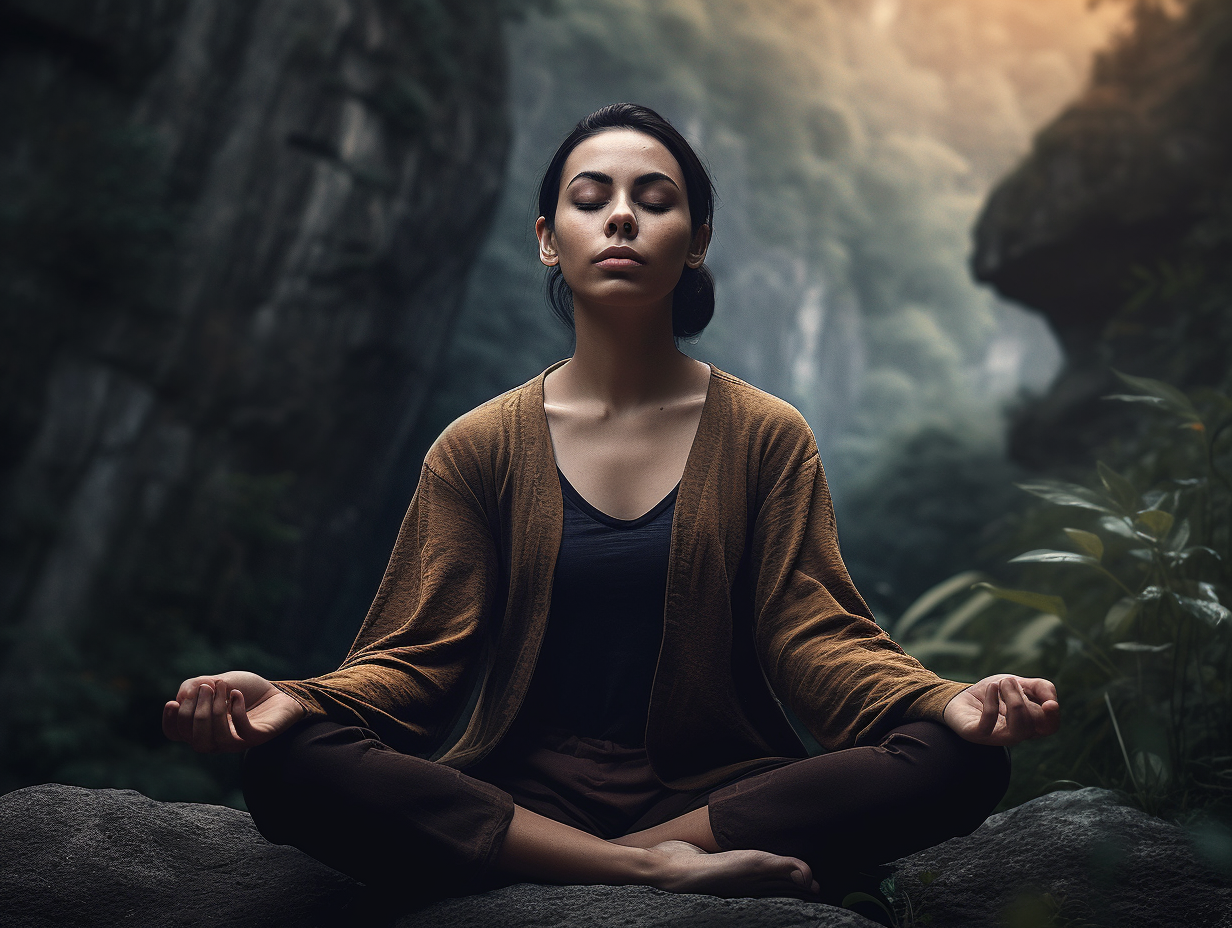 A woman is practicing yoga in a peaceful forest setting.