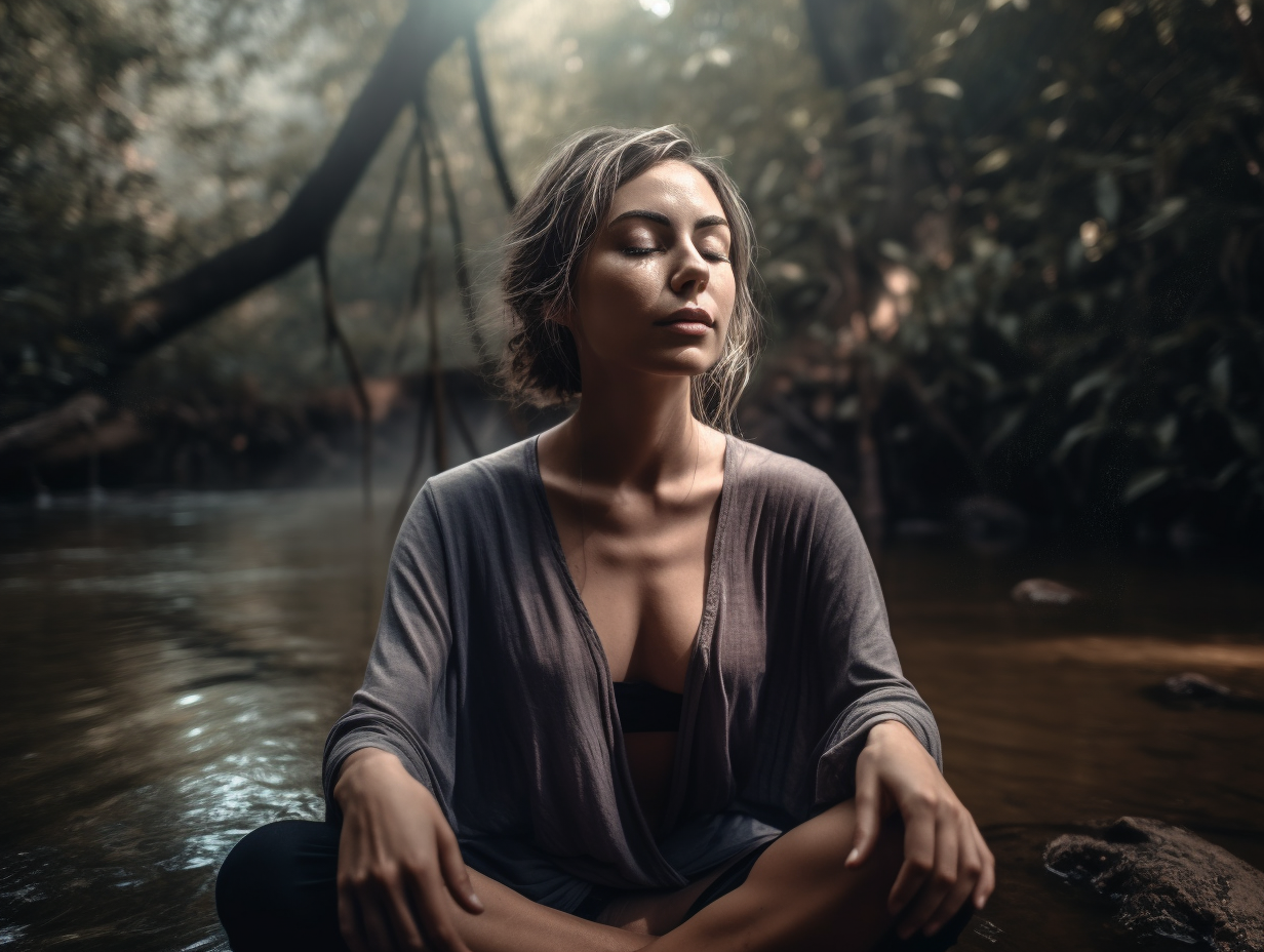 A woman practicing yoga in a river.