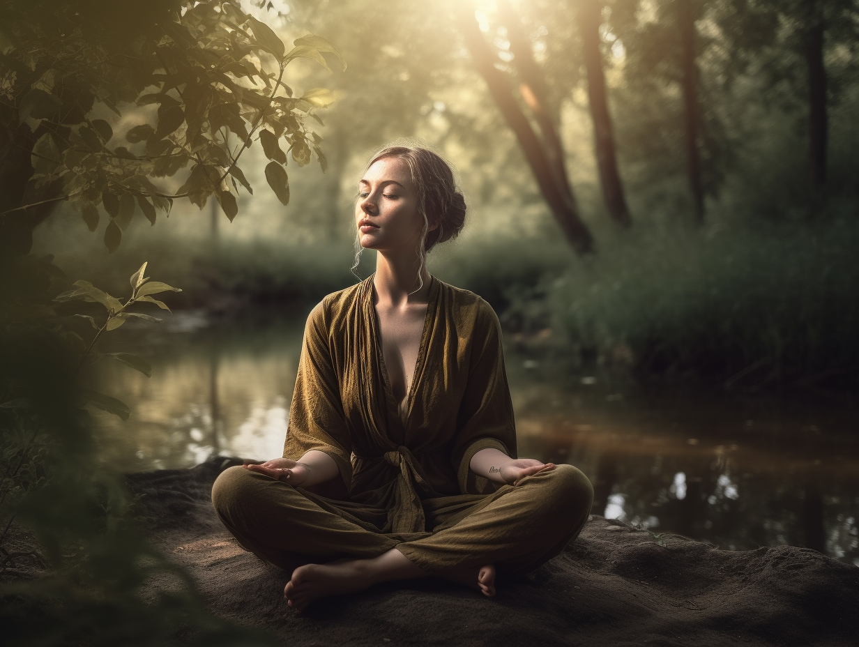 A woman is meditating in a lotus pose while focusing on God's word.