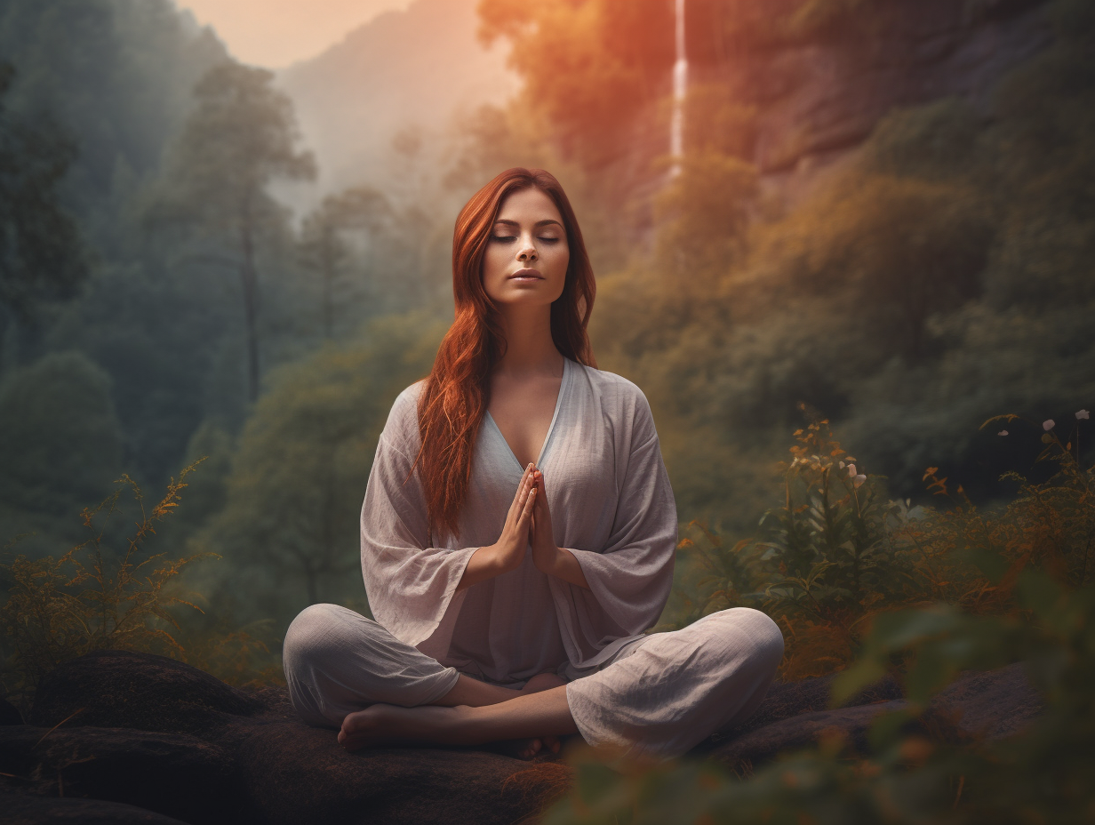 A woman practicing yoga in the forest.