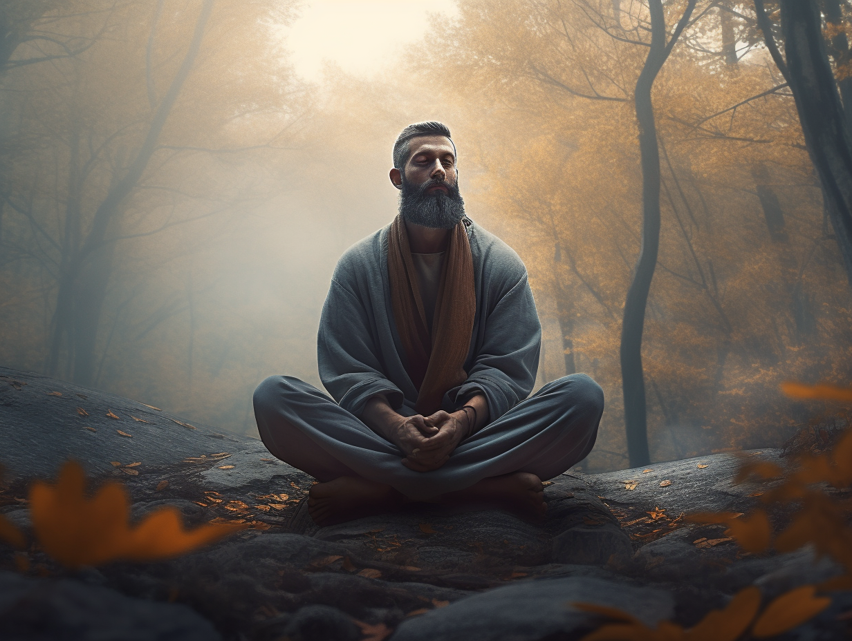 A man practicing meditation in the forest, pondering a career as a meditation teacher.