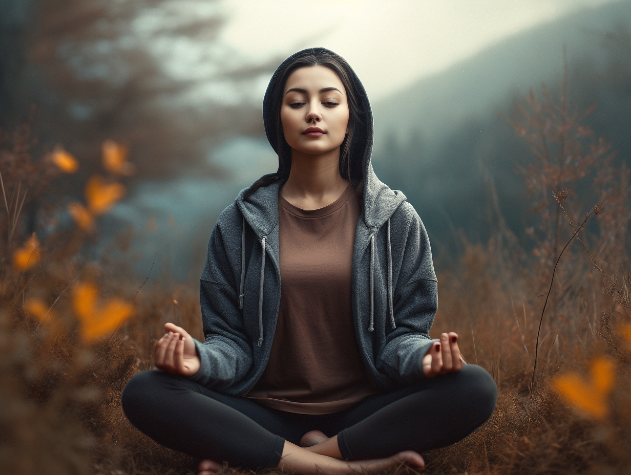 A woman is practicing meditation in the forest.