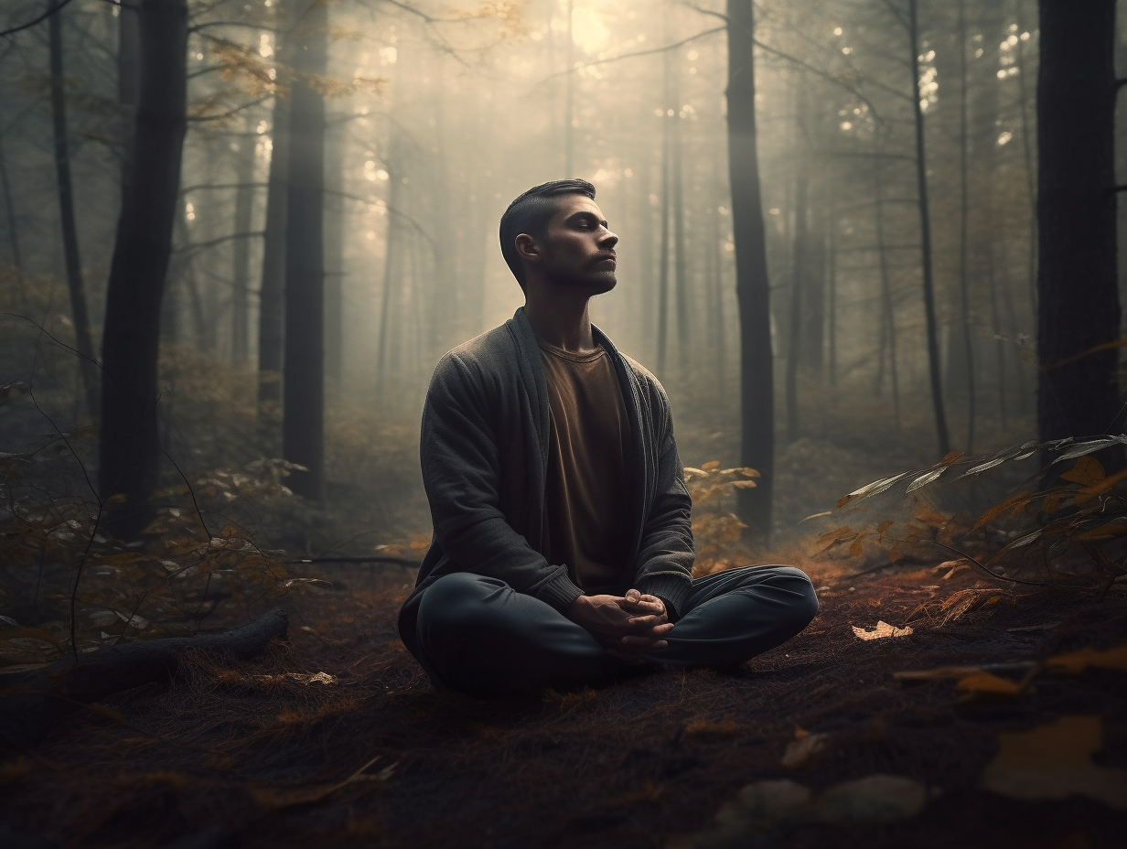 A man is meditating in the forest to become a meditation teacher.