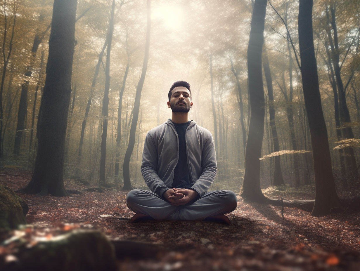 A man is practicing meditation in a tranquil forest setting, aspiring to become a meditation teacher.