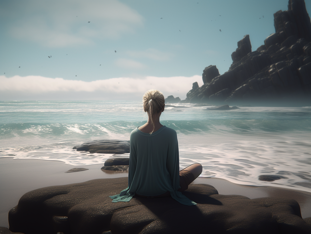 A woman is peacefully sitting on rocks, contemplating the open ocean.