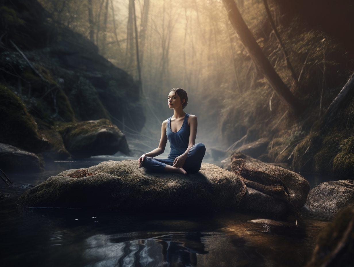 A woman is meditating in a forest, exploring if meditation can replace sleep.