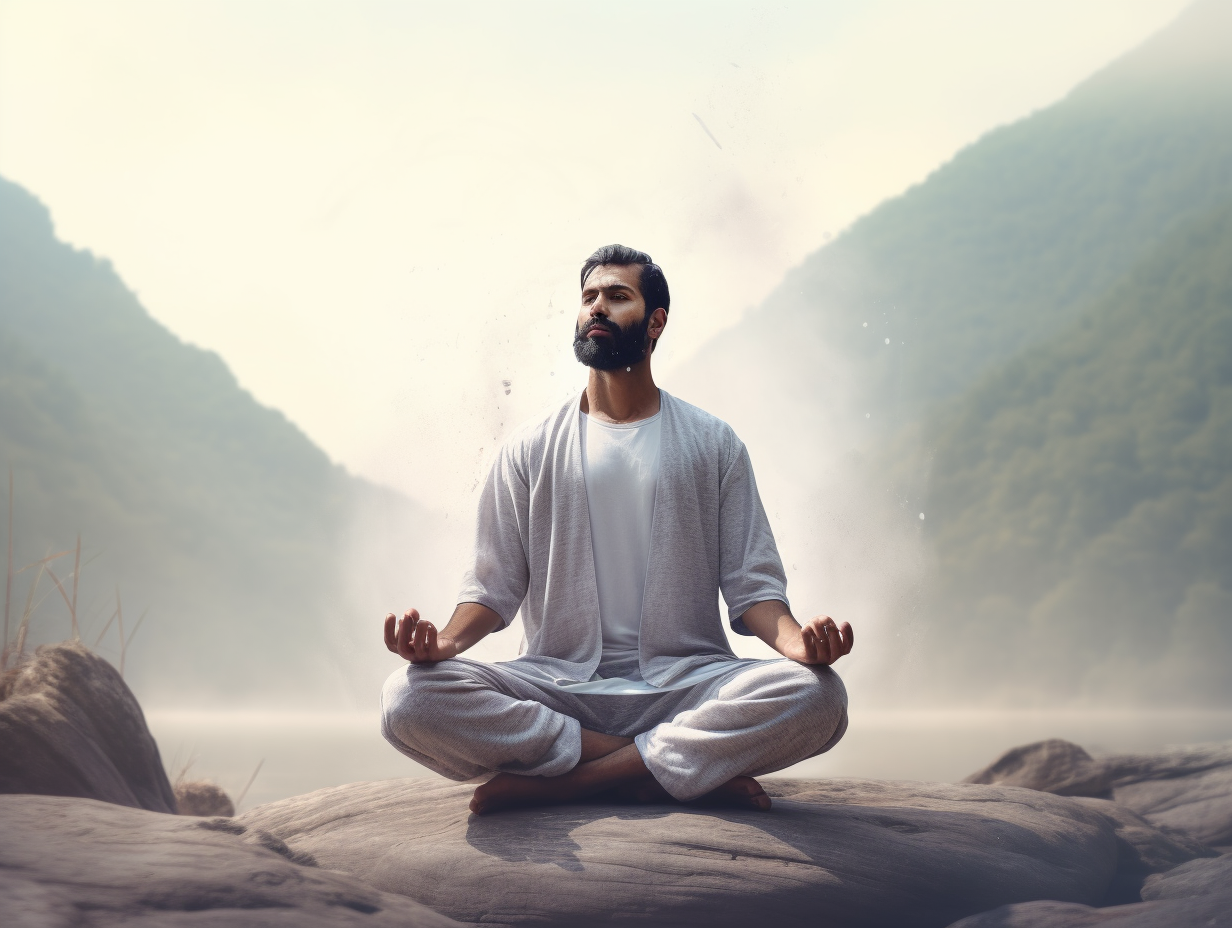 A man is meditating in a lotus position, exploring spirituality through biblical teachings.