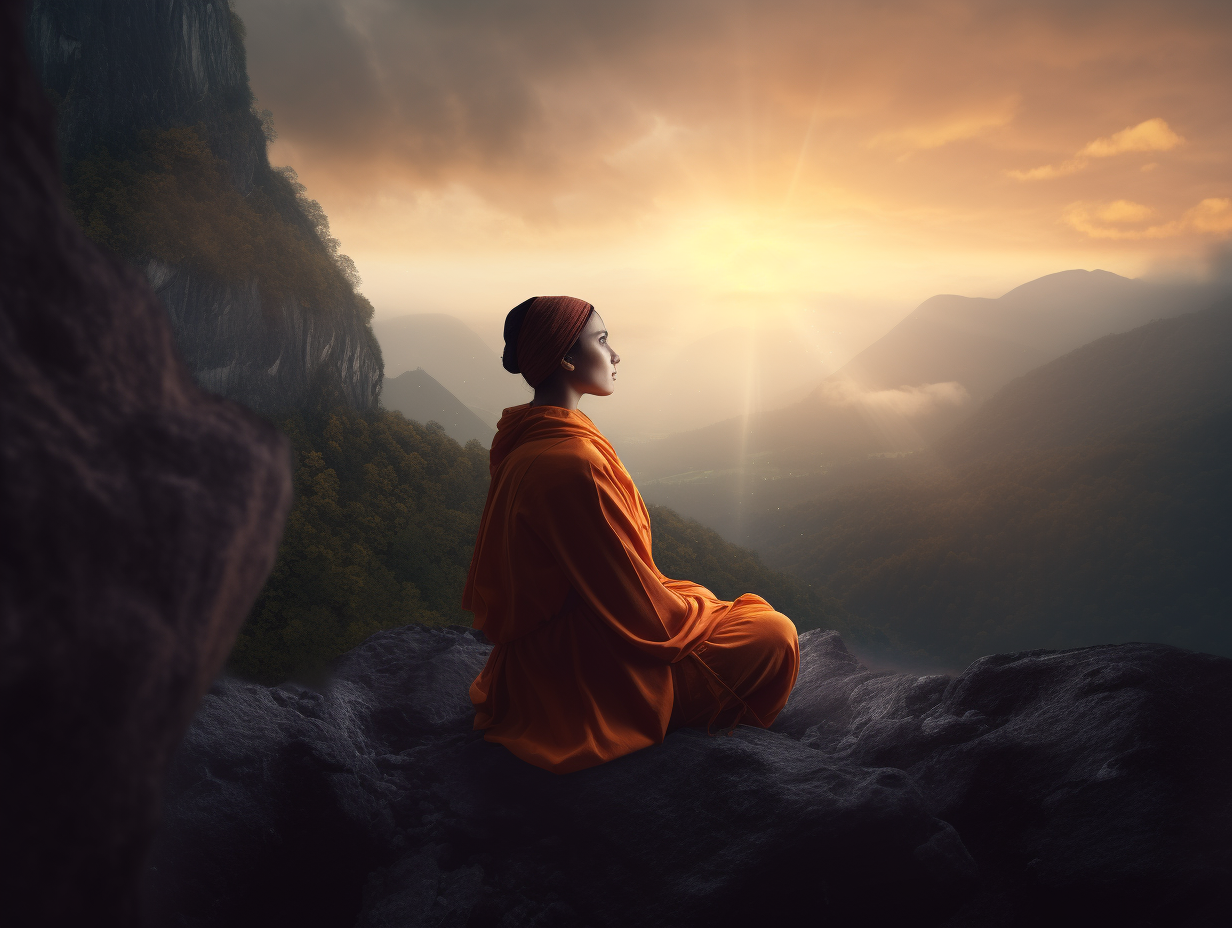 A meditating monk on a mountainside.