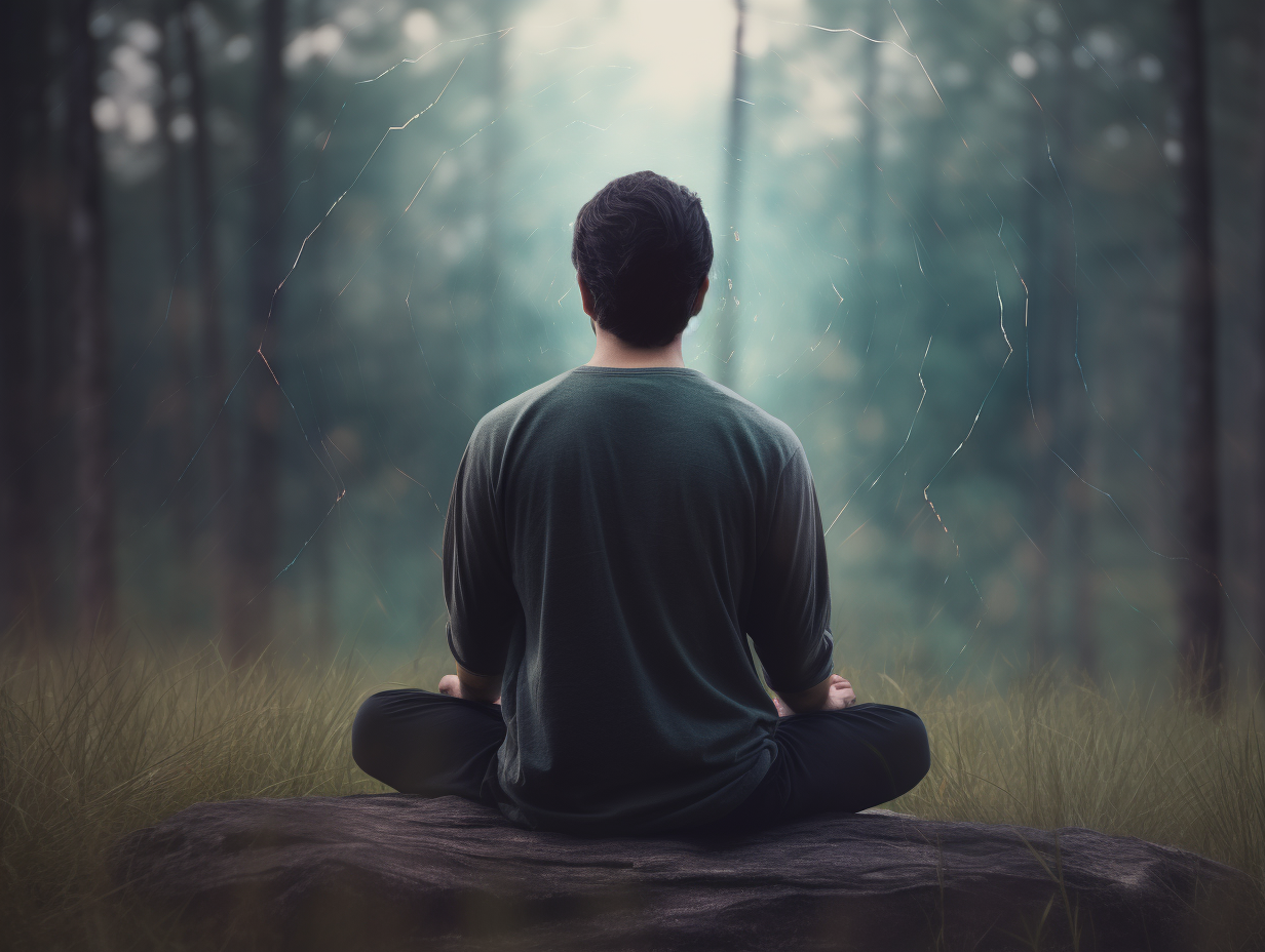 A man is meditating in a forest, seeking spiritual understanding.