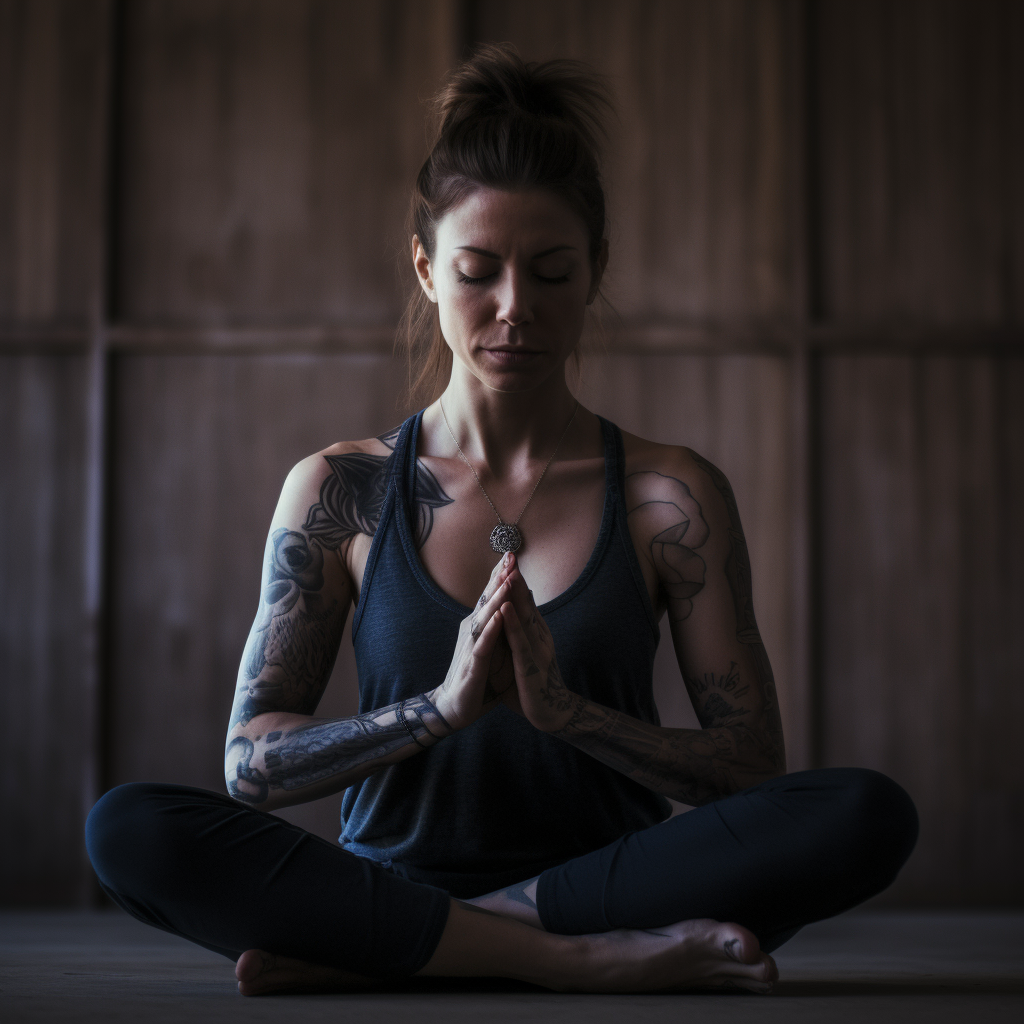 A woman practicing Naked Yoga with tattoos in a wooden room.