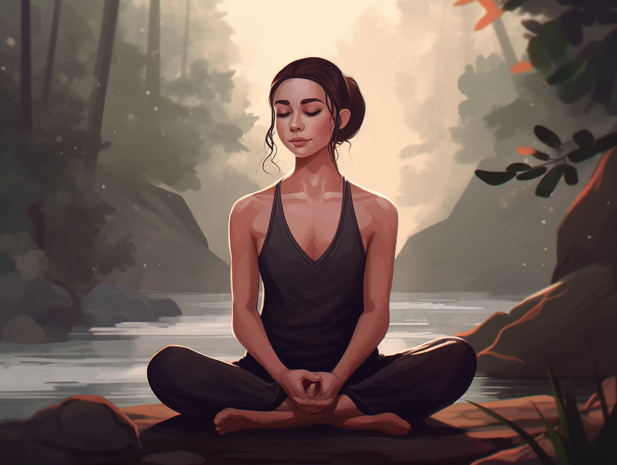 A woman is meditating in a lotus position near a river.