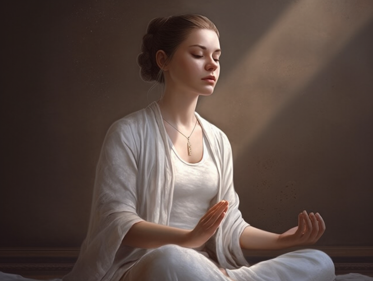 A painting of a woman meditating in a lotus position.