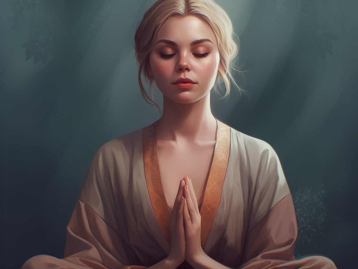 A girl in a robe is meditating in a lotus pose, feeling calm and centered.