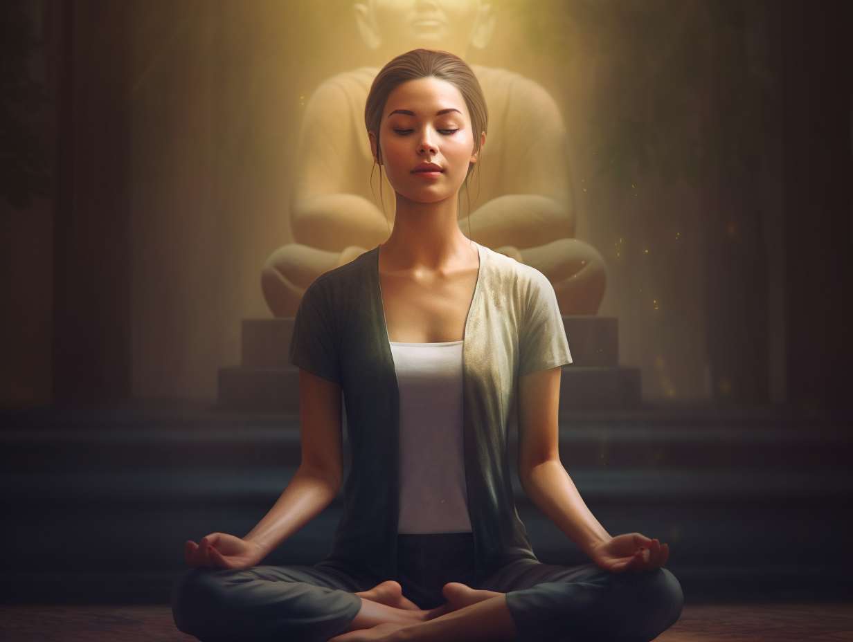 A woman is meditating in front of a buddha statue.