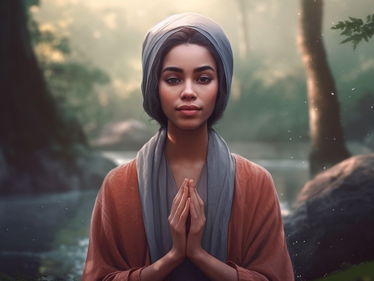 A woman in a turban praying in the forest.