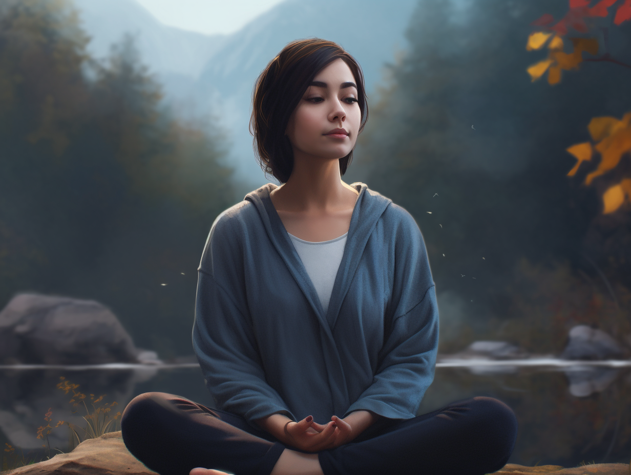 A woman meditating near a lake.