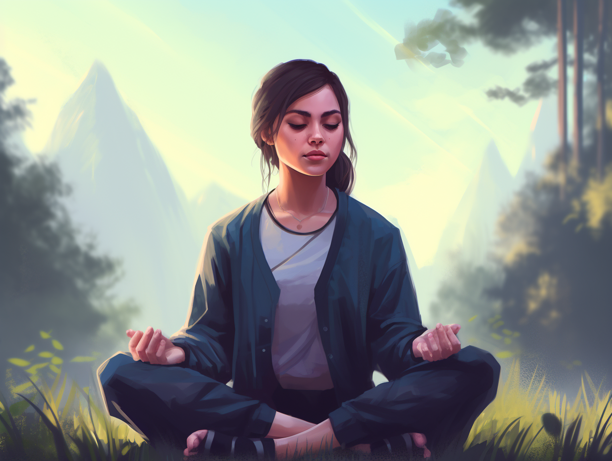 A girl is meditating in the forest.