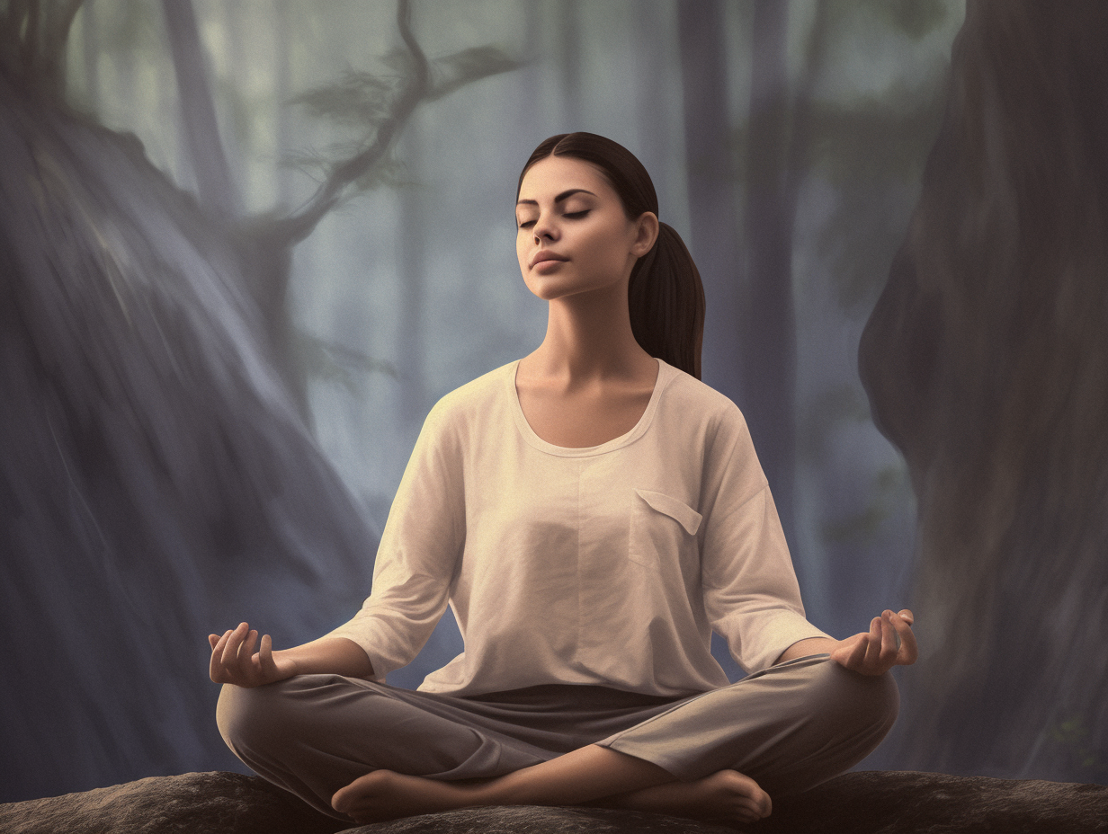A woman is meditating in the forest.