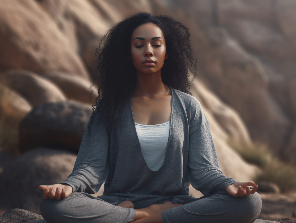 A woman meditating in a lotus position on a rock.