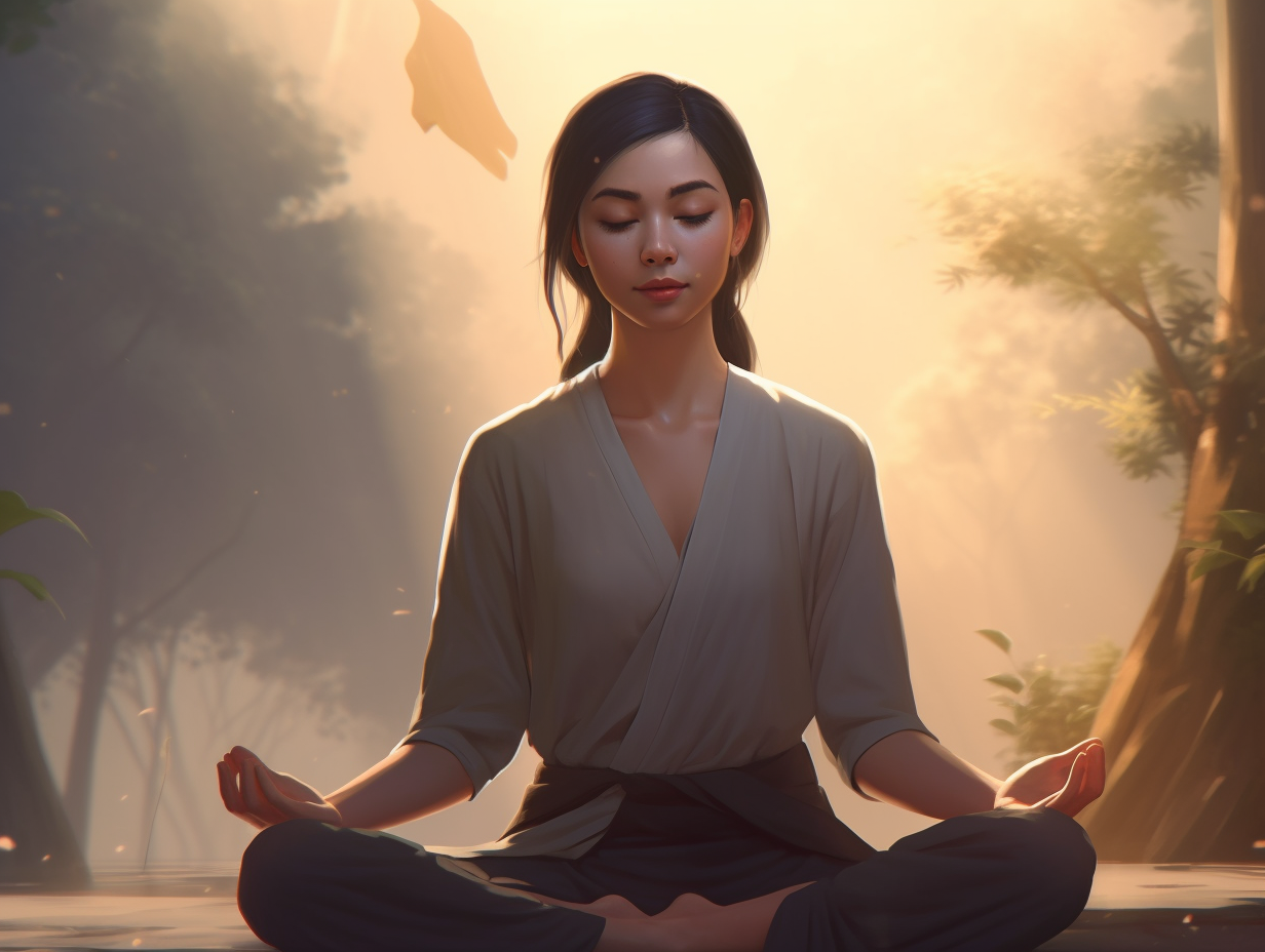 A woman is meditating in the woods, finding serenity in nature.