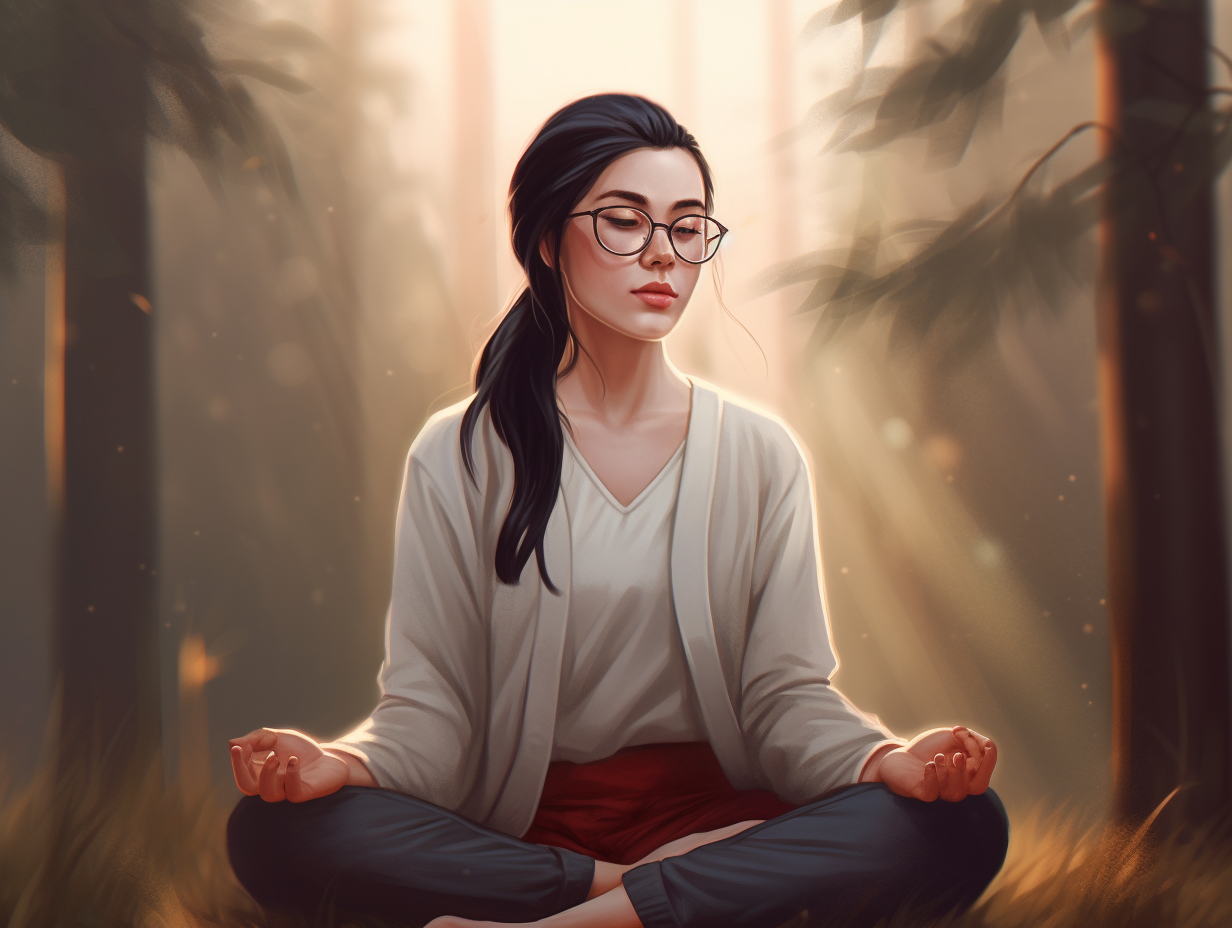 A woman in glasses is meditating in the woods, experiencing tranquility.