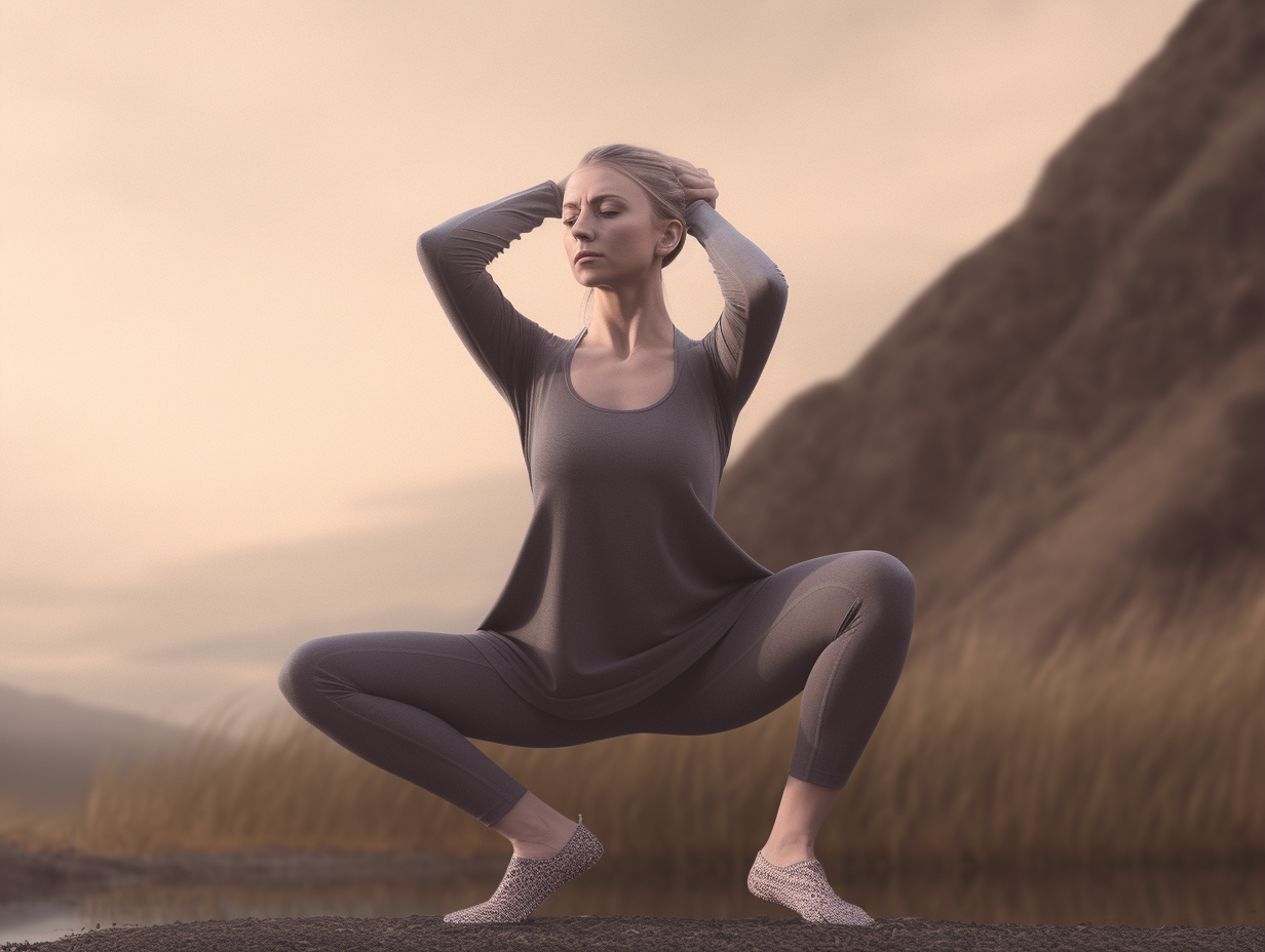 A woman is doing yoga in front of a mountain.
