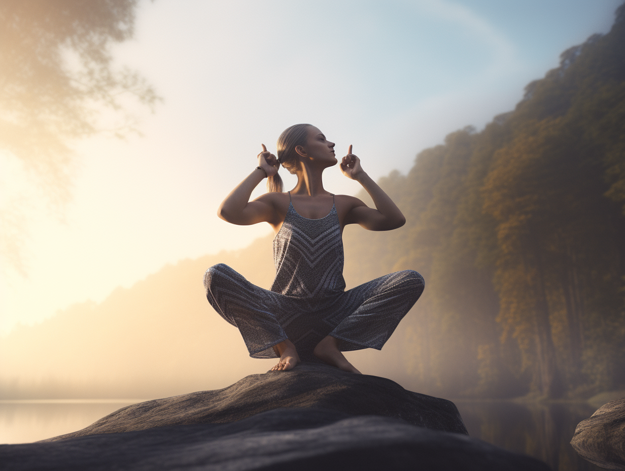 A woman is sitting on a rock in front of a lake.