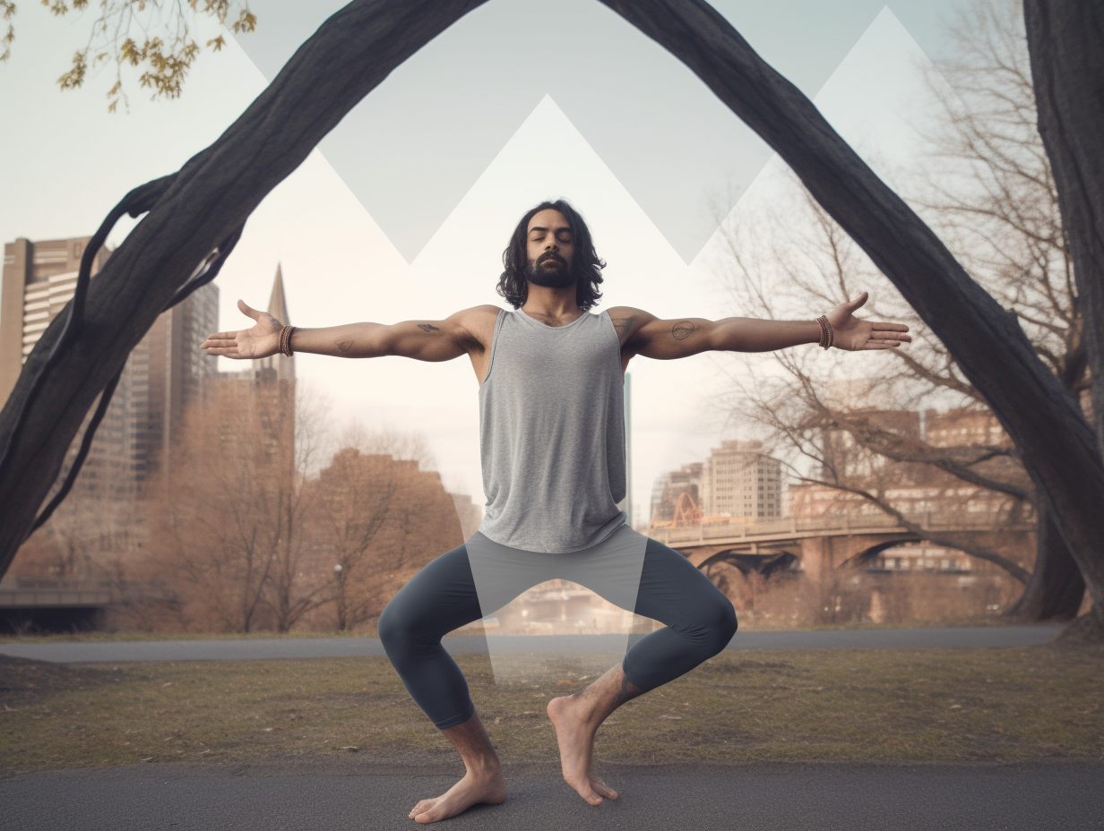 A man practicing yoga in front of a tree.