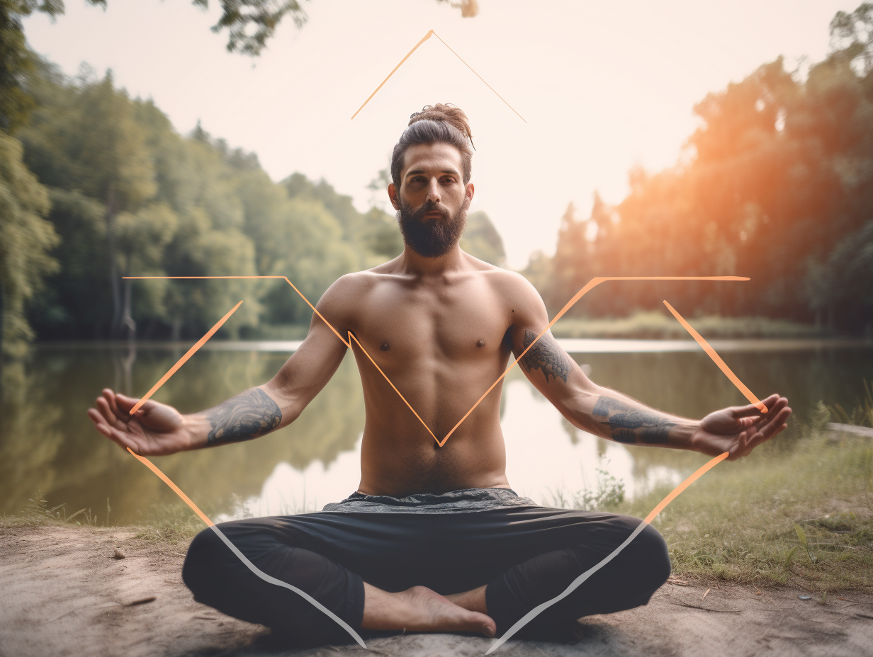 A man is meditating near a lake.