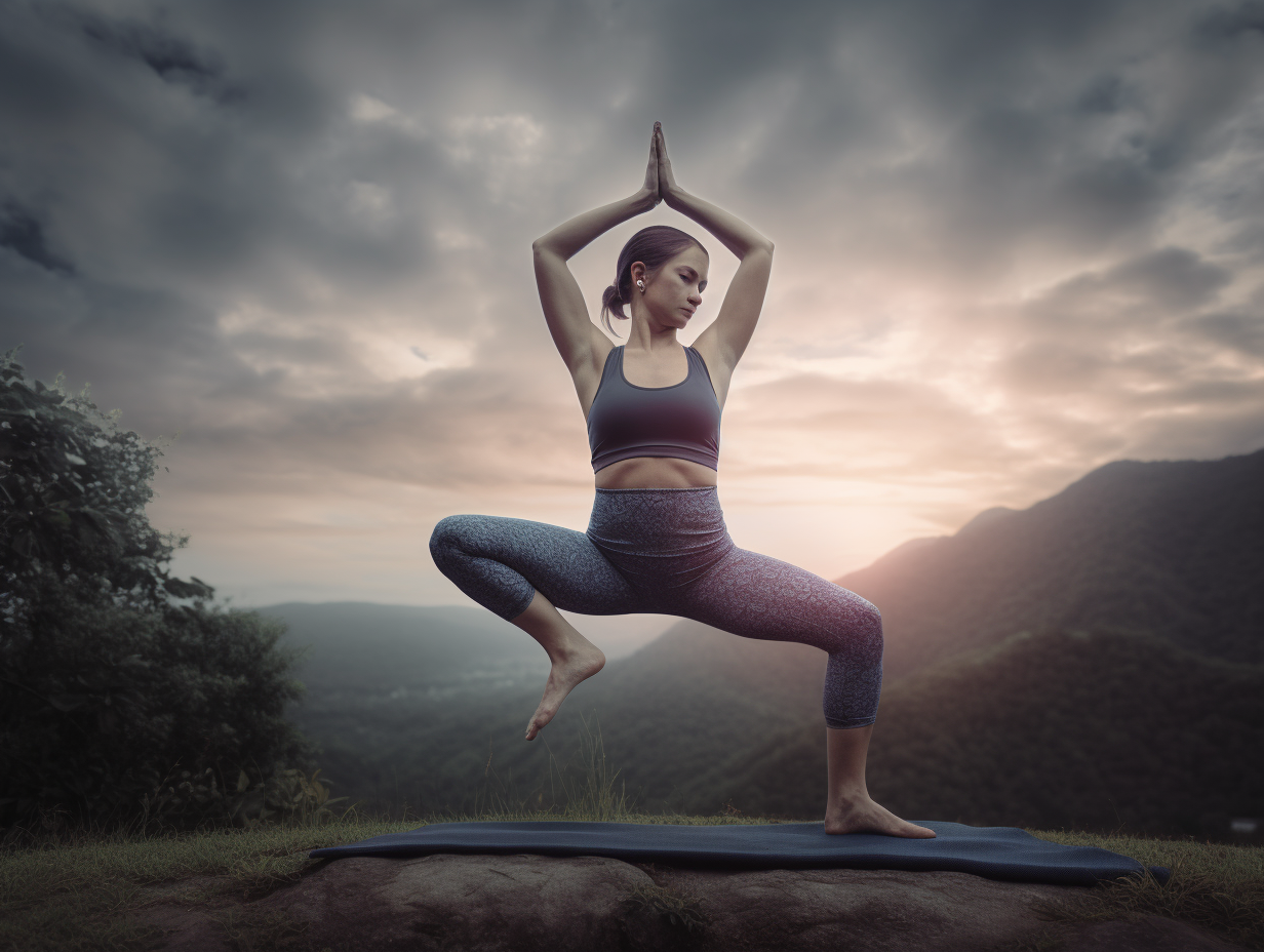 A woman practices yoga on the peak of a mountain.