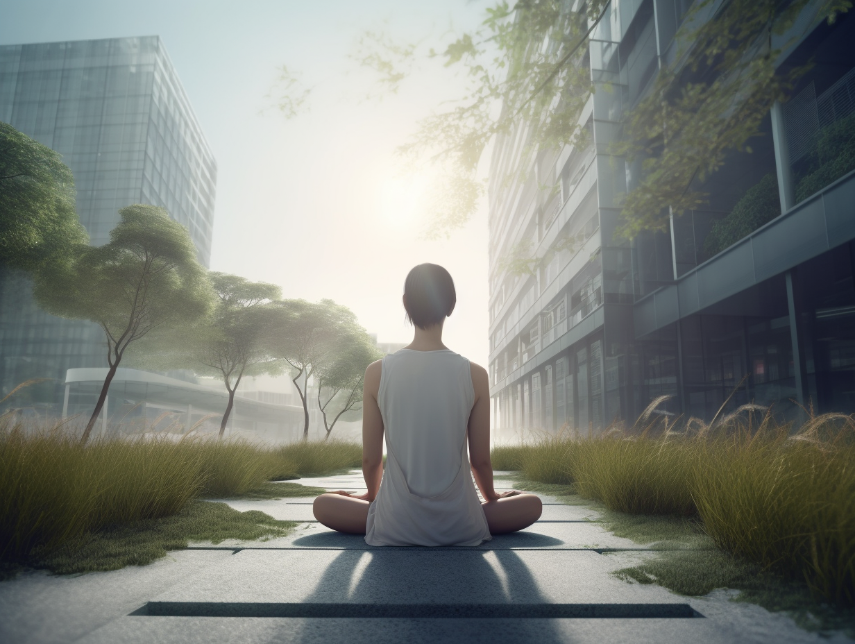 A woman practices peaceful meditation amidst the hustle and bustle of a lively city.