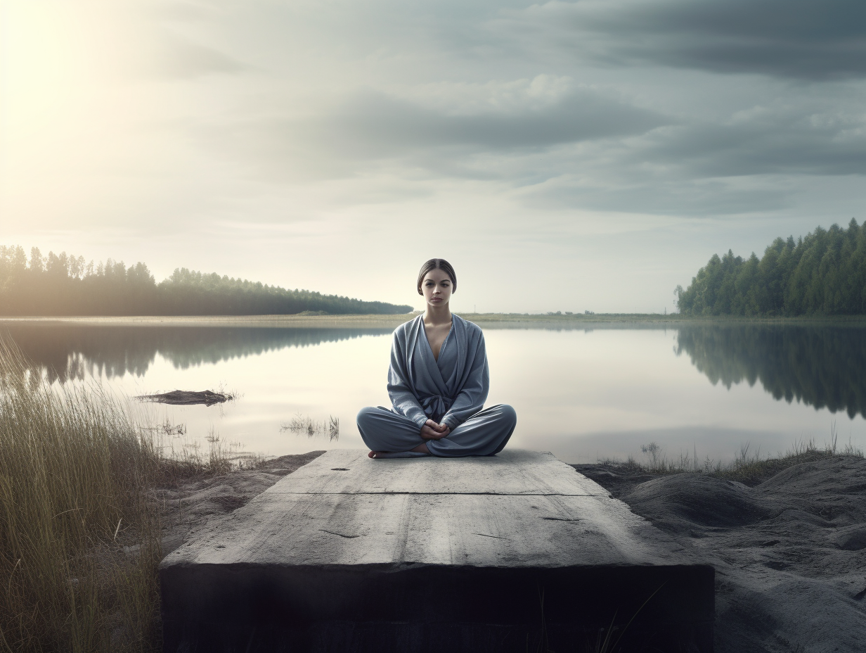 A woman is peacefully meditating near a serene lake.